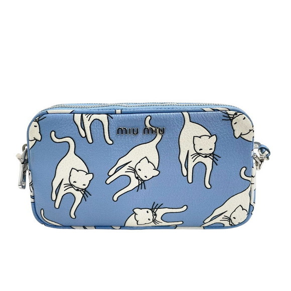 Mew Mew Handbags - Miu Miu Mini Shoulder Pouch Cat Pattern Madras Leather Blue